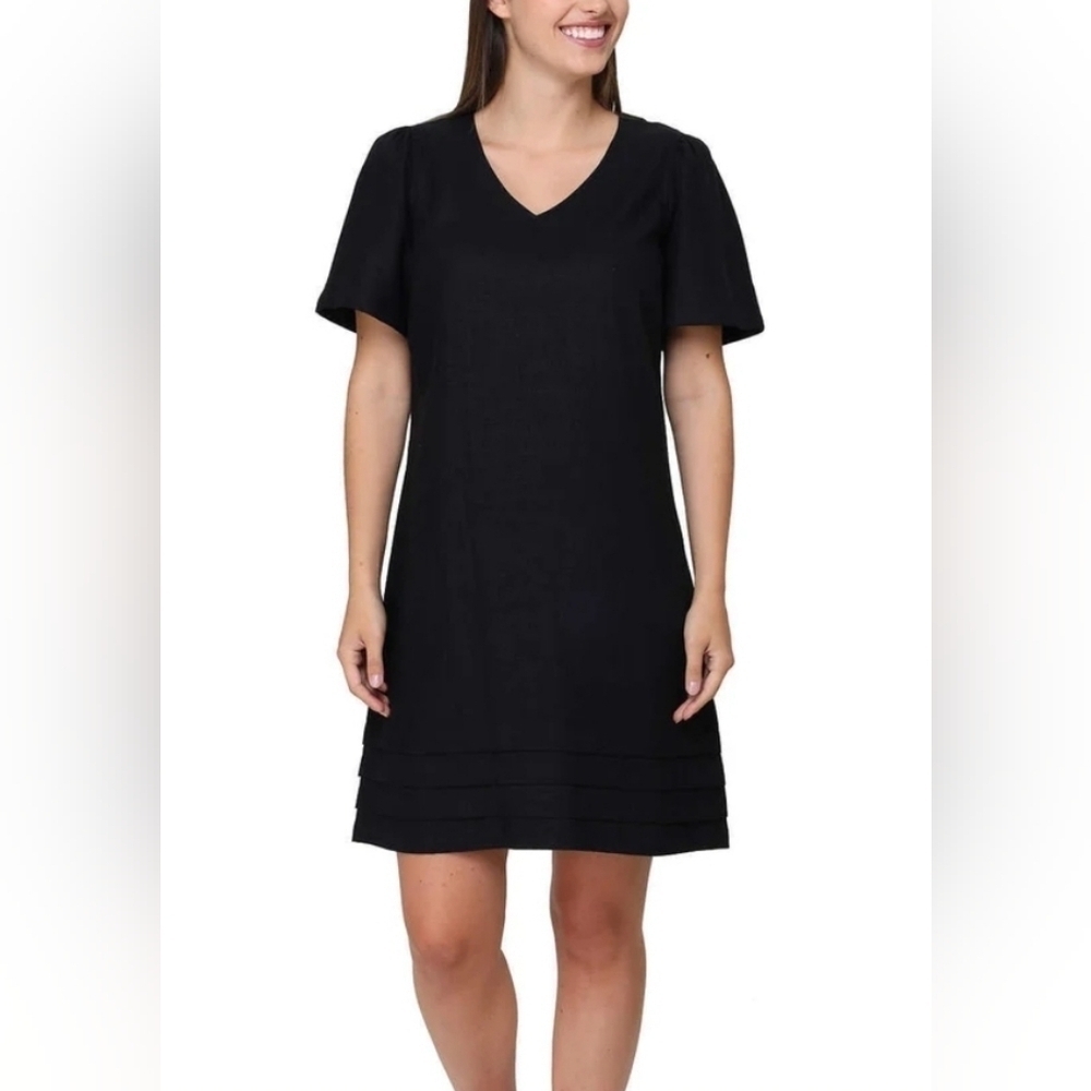 Nicole Miller Women's  Black V-Neck Linen Blend Mini Dress Sz.Smalk